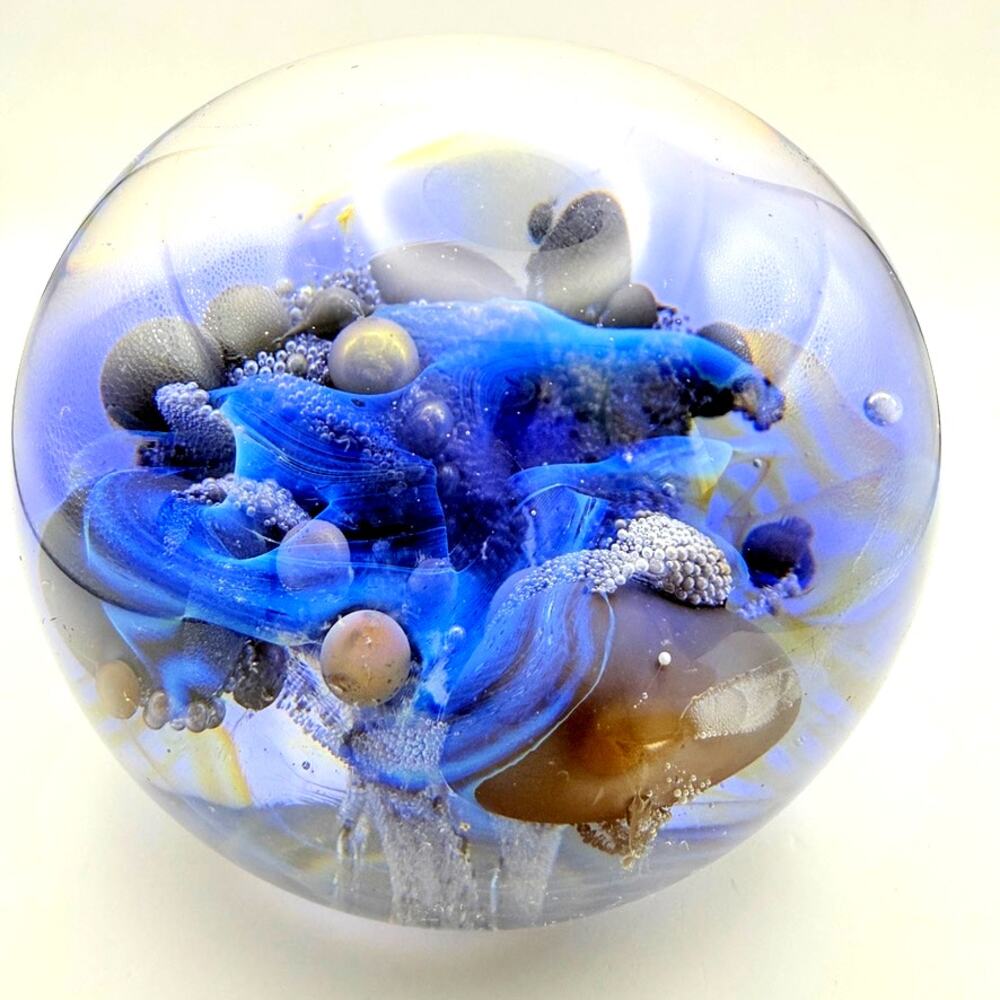 Unsigned Blue Paperweight Sea Ocean Pearl Swirl Bubbles Flora Fauna - Picture 6 of 10